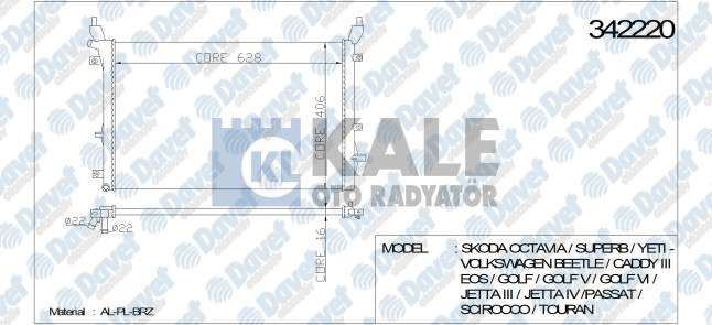 KALE 342220 Su Radyatoru Vw Octavia-Superb-Yeti/Beetle / Caddy Iii / Eos / Golf Plus / Golf V / Golf Vi / Letta Iii / Jetta Iv / Passat / Scirocco / Touran 1.2 Tsi / 1.4 Tsi 07-> (Al/Pl/Brz) (Manuel-Otomotik)